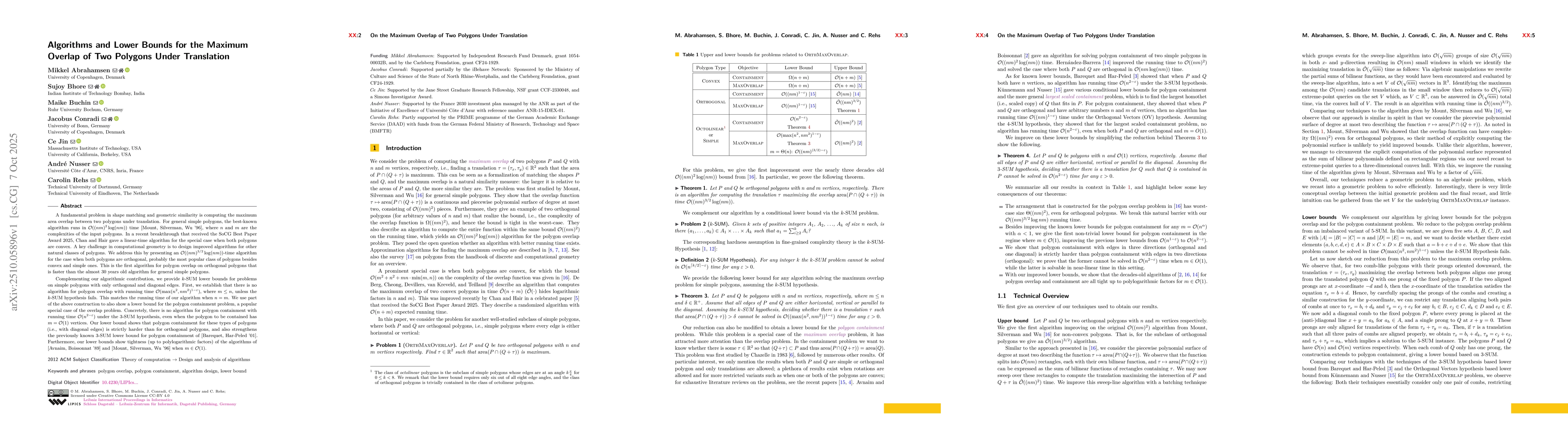 Thumbnail for Algorithms and Lower Bounds for the Maximum Overlap of Two Polygons
  Under Translation