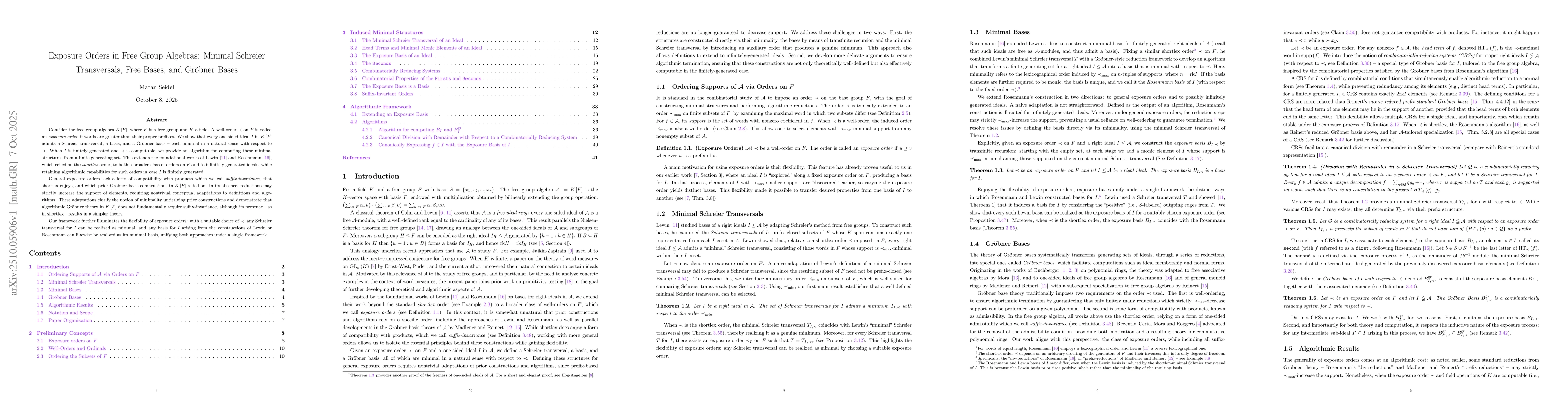 Thumbnail for Exposure Orders in Free Group Algebras: Minimal Schreier Transversals,
  Free Bases, and Gröbner Bases