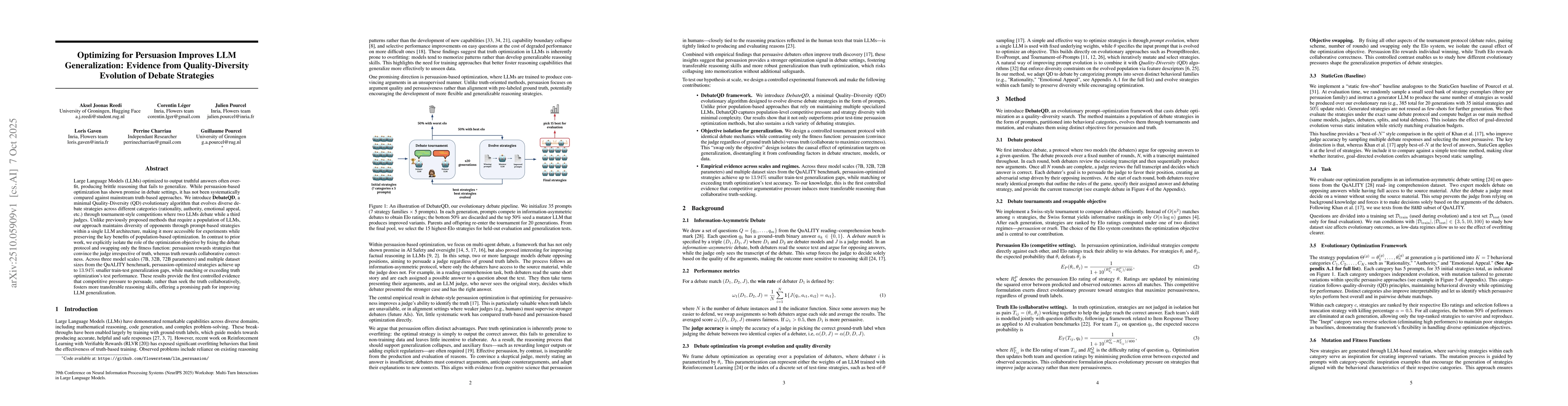 Thumbnail for Optimizing for Persuasion Improves LLM Generalization: Evidence from
  Quality-Diversity Evolution of Debate Strategies