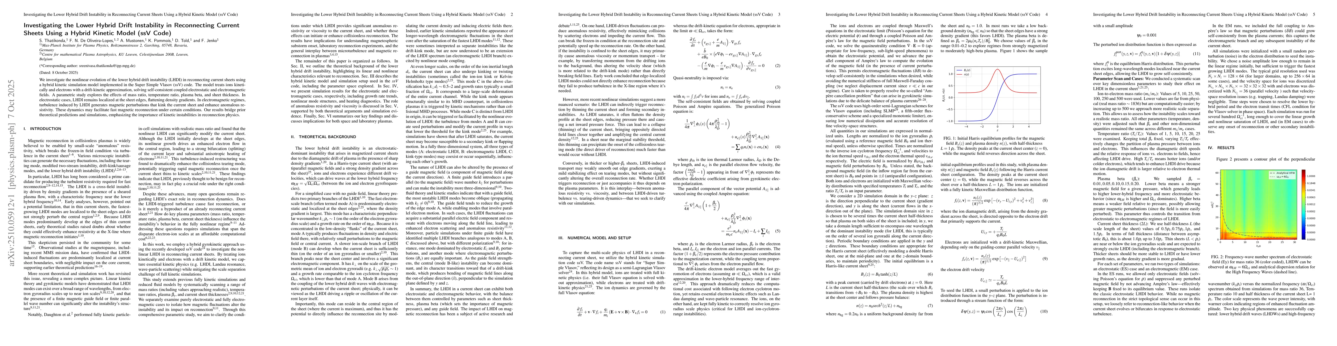 Thumbnail for Investigating the Lower Hybrid Drift Instability in Reconnecting Current
  Sheets Using a Hybrid Kinetic Model (ssV Code)