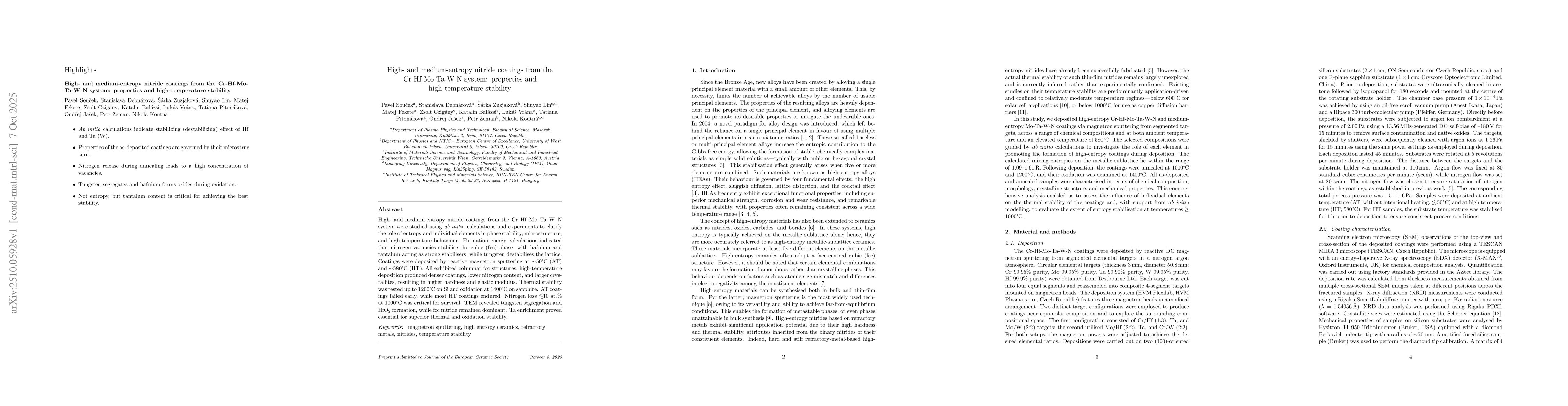 Thumbnail for High- and medium-entropy nitride coatings from the Cr-Hf-Mo-Ta-W-N
  system: properties and high-temperature stability