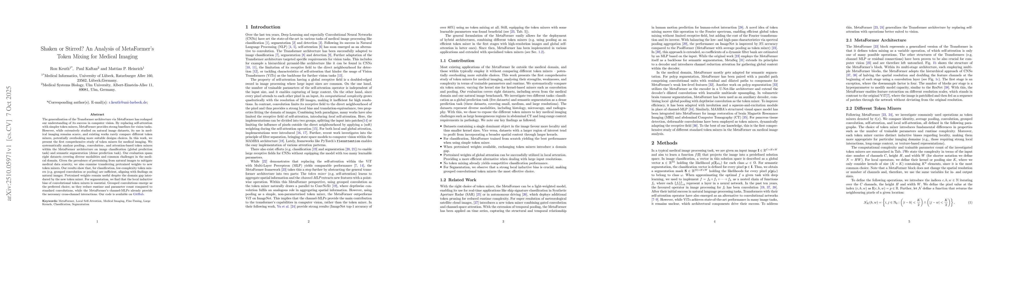 Thumbnail for Shaken or Stirred? An Analysis of MetaFormer's Token Mixing for Medical
  Imaging