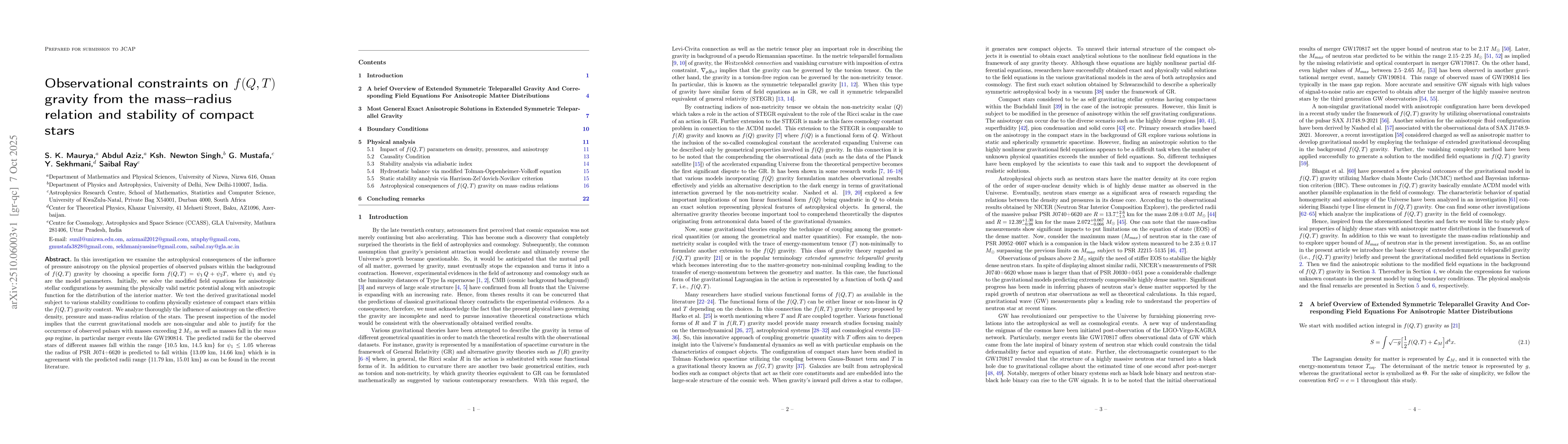 Thumbnail for Observational constraints on f(Q,T) gravity from the mass-radius
  relation and stability of compact stars