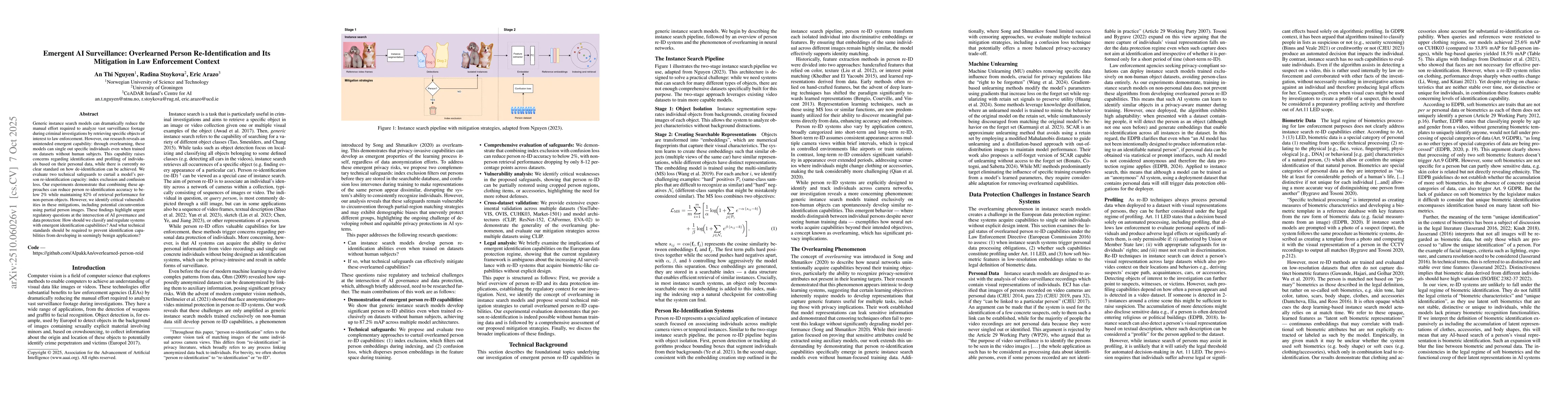 Thumbnail for Emergent AI Surveillance: Overlearned Person Re-Identification and Its
  Mitigation in Law Enforcement Context