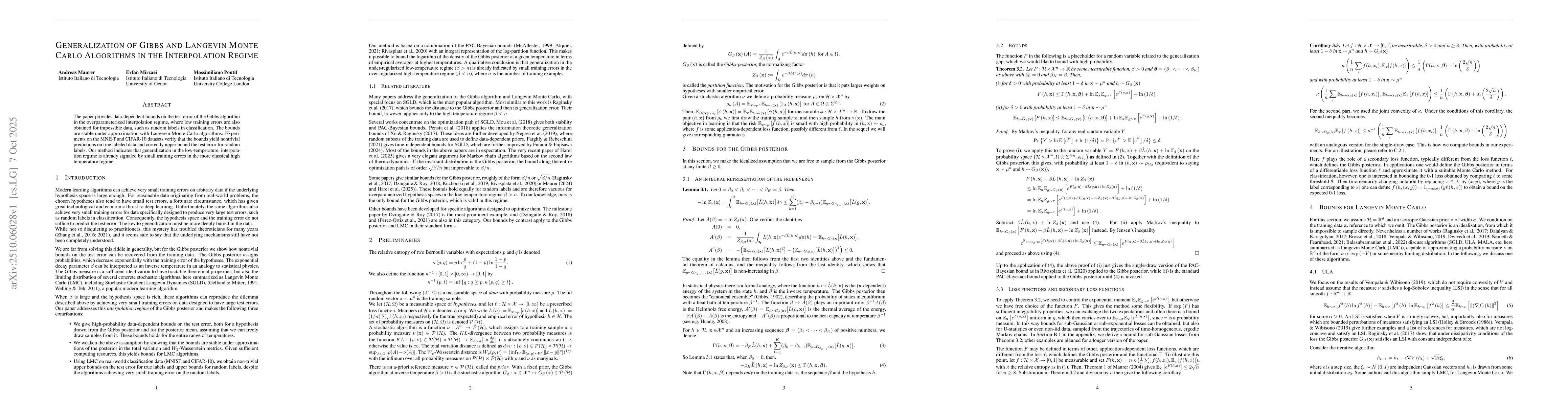 Thumbnail for Generalization of Gibbs and Langevin Monte Carlo Algorithms in the
  Interpolation Regime