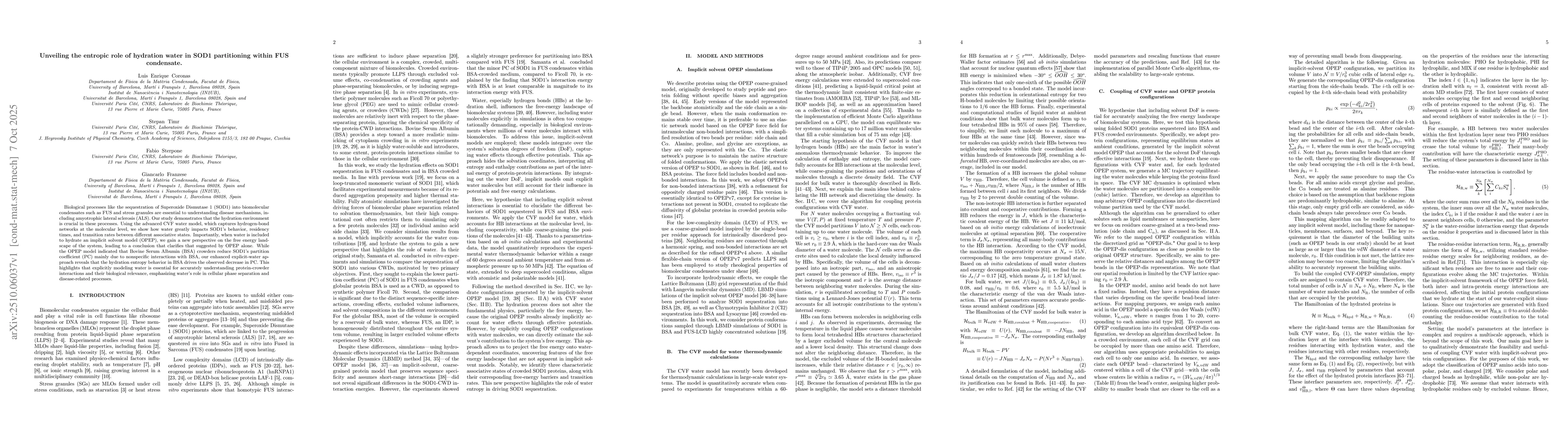 Thumbnail for Unveiling the entropic role of hydration water in SOD1 partitioning
  within FUS condensate