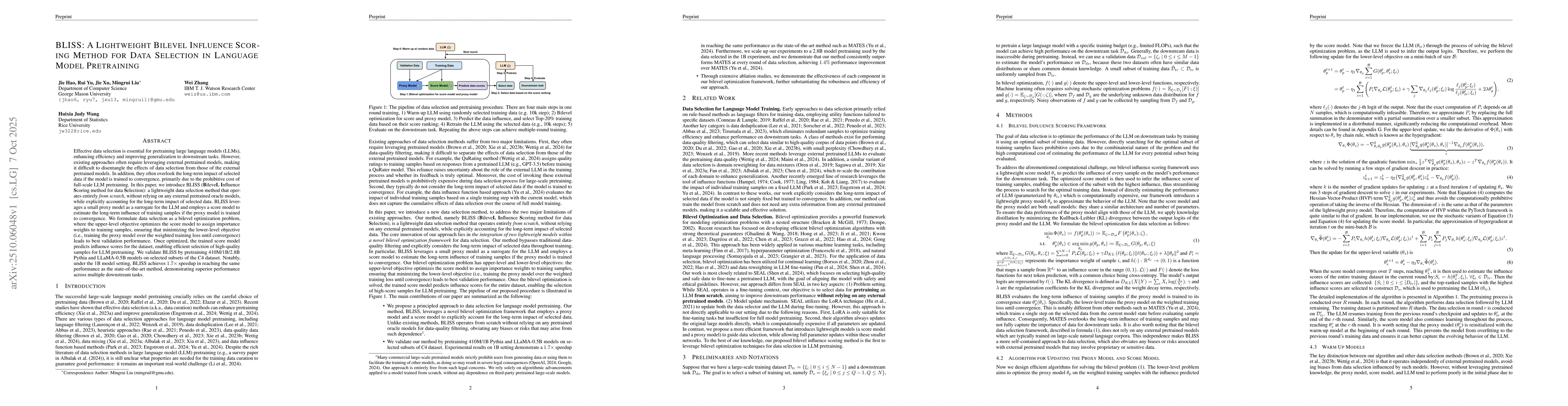 Thumbnail for BLISS: A Lightweight Bilevel Influence Scoring Method for Data Selection
  in Language Model Pretraining