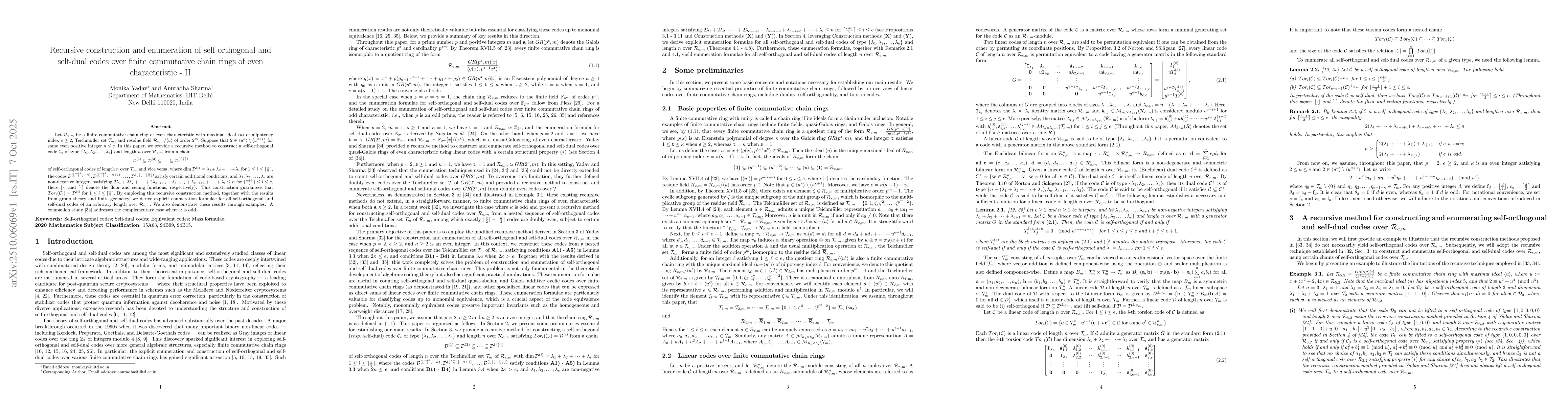 Thumbnail for Recursive construction and enumeration of self-orthogonal and self-dual
  codes over finite commutative chain rings of even characteristic - II
