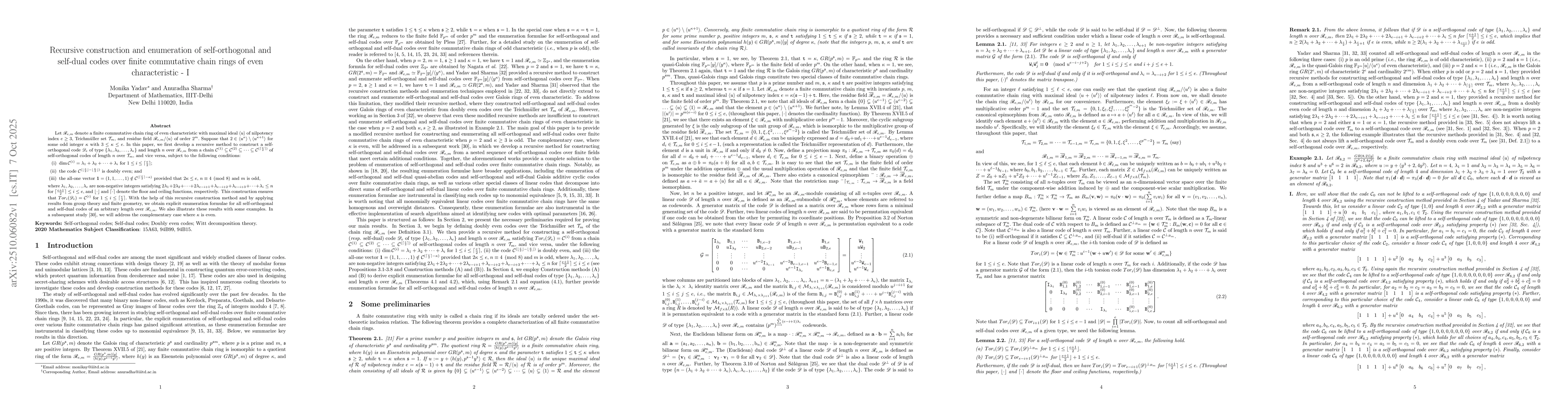 Thumbnail for Recursive construction and enumeration of self-orthogonal and self-dual
  codes over finite commutative chain rings of even characteristic - I