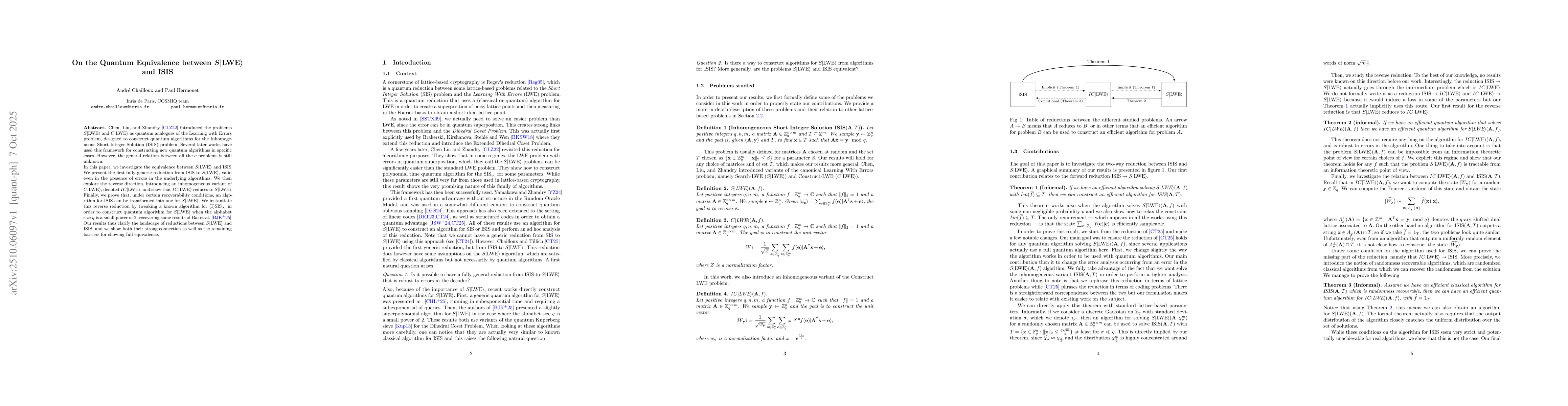 Thumbnail for On the Quantum Equivalence between $S|LWE\rangle$ and $ISIS$