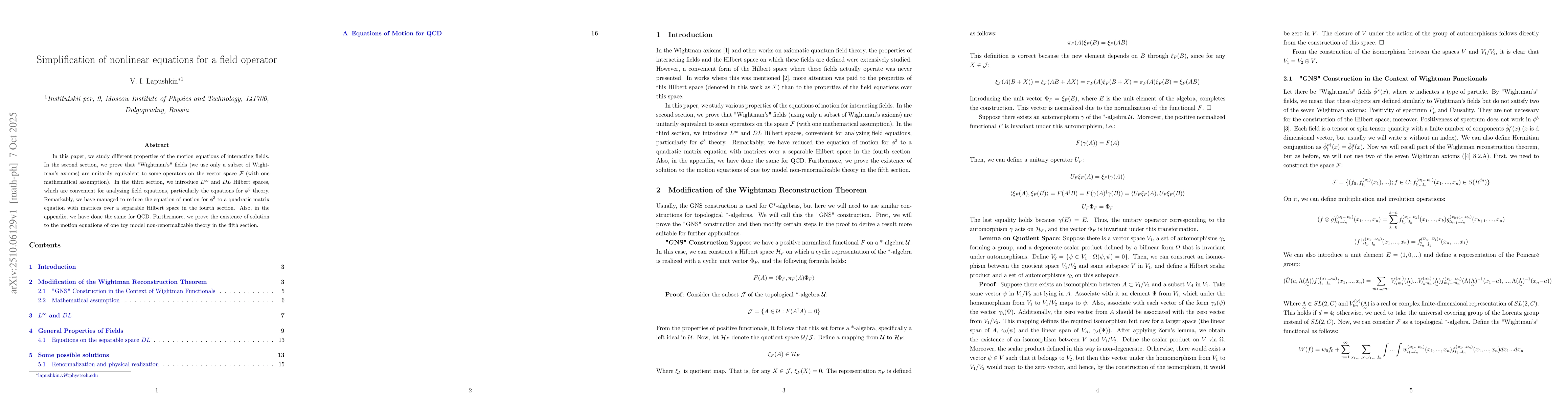Thumbnail for Simplification of nonlinear equations for a field operator