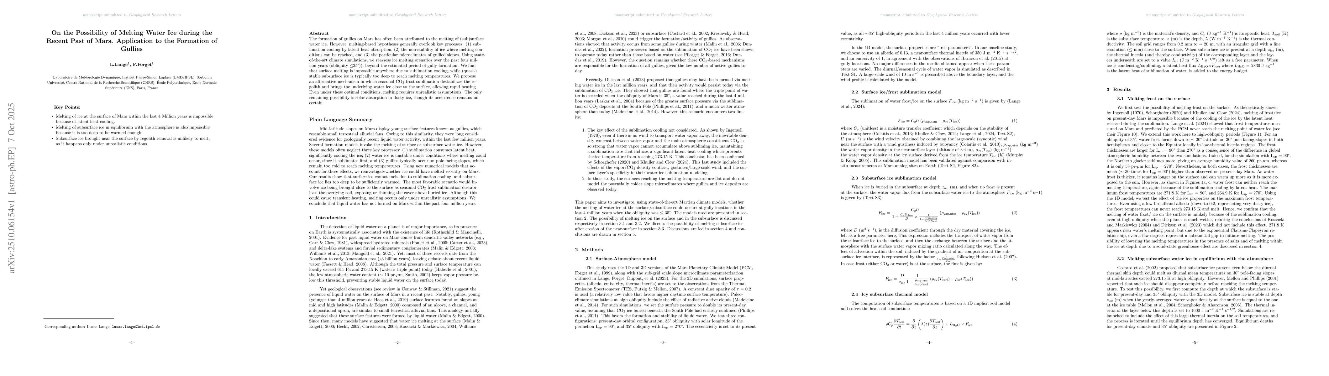 Thumbnail for On the Possibility of Melting Water Ice during the Recent Past of Mars.
  Application to the Formation of Gullies