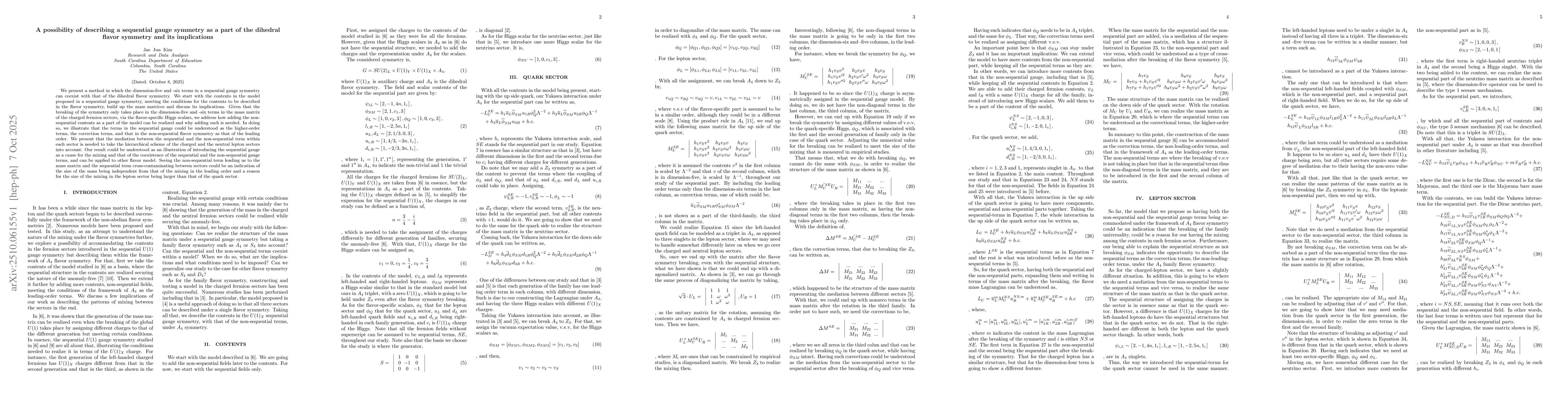 Thumbnail for A possibility of describing a sequential gauge symmetry as a part of the
  dihedral flavor symmetry and its implications