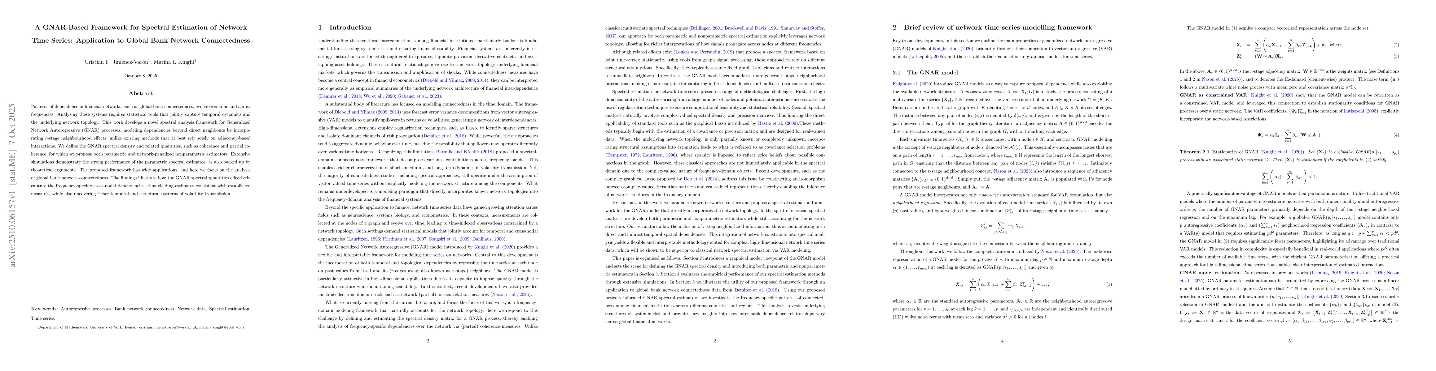 Thumbnail for A GNAR-Based Framework for Spectral Estimation of Network Time Series:
  Application to Global Bank Network Connectedness