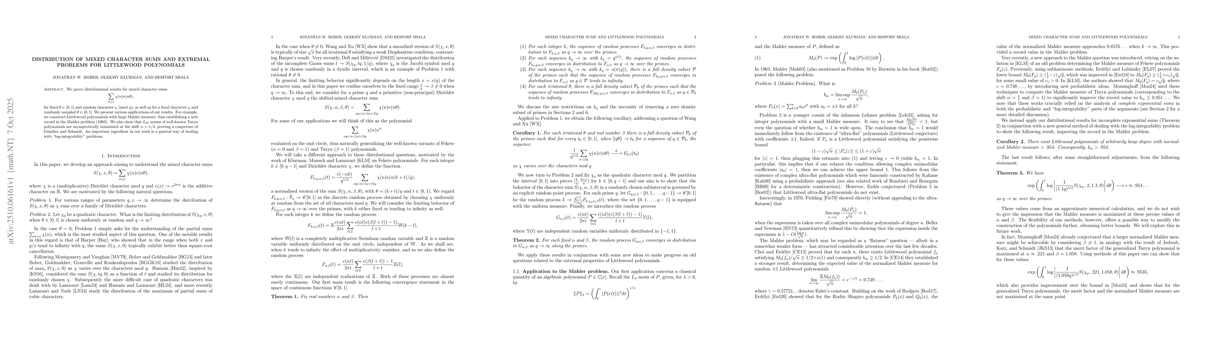 Thumbnail for Distribution of mixed character sums and extremal problems for
  Littlewood polynomials