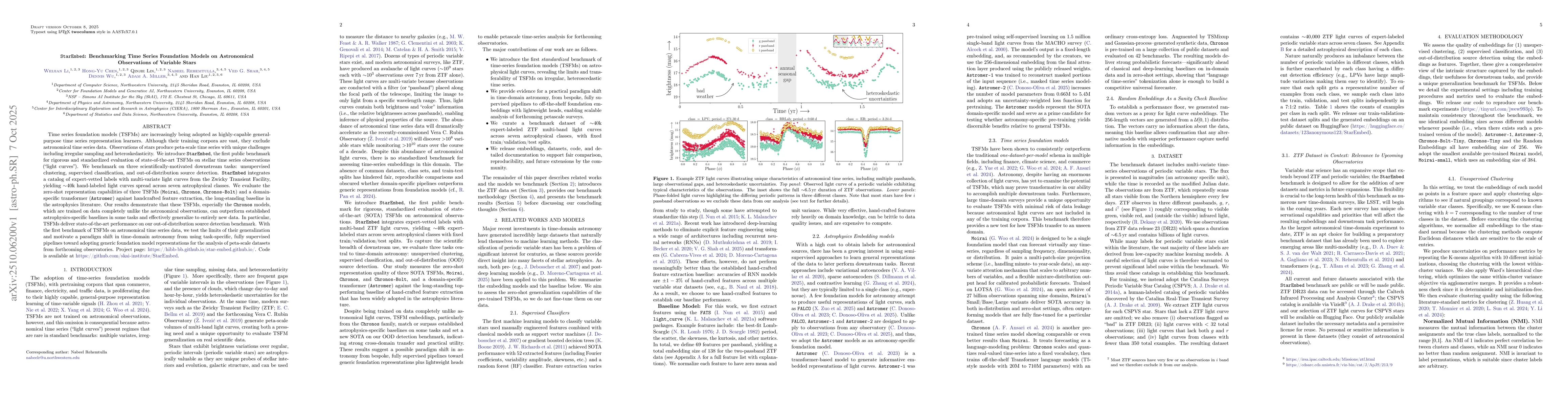 Thumbnail for StarEmbed: Benchmarking Time Series Foundation Models on Astronomical
  Observations of Variable Stars