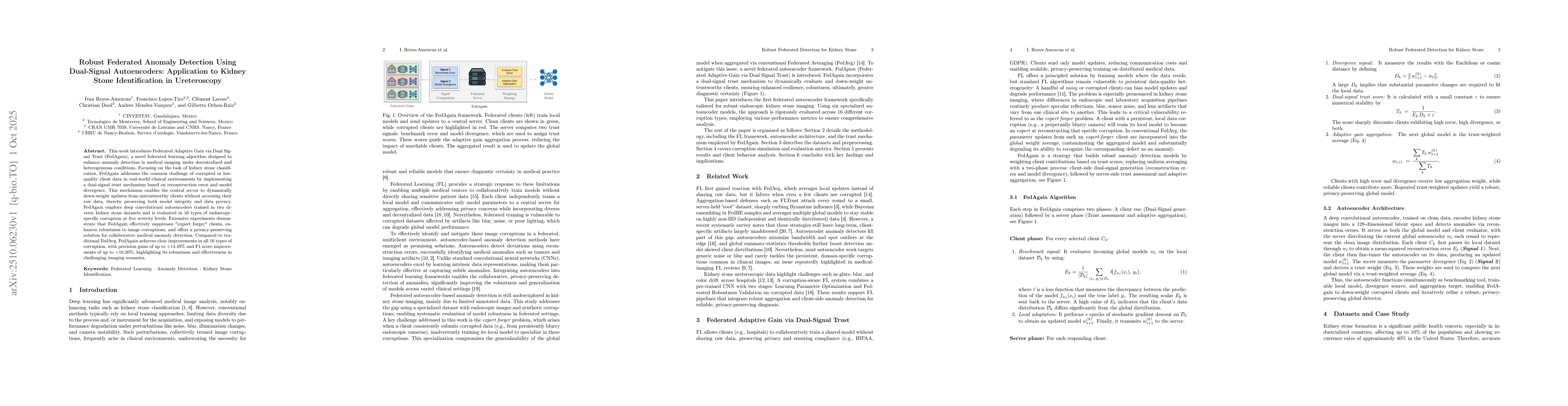 Thumbnail for Robust Federated Anomaly Detection Using Dual-Signal Autoencoders:
  Application to Kidney Stone Identification in Ureteroscopy