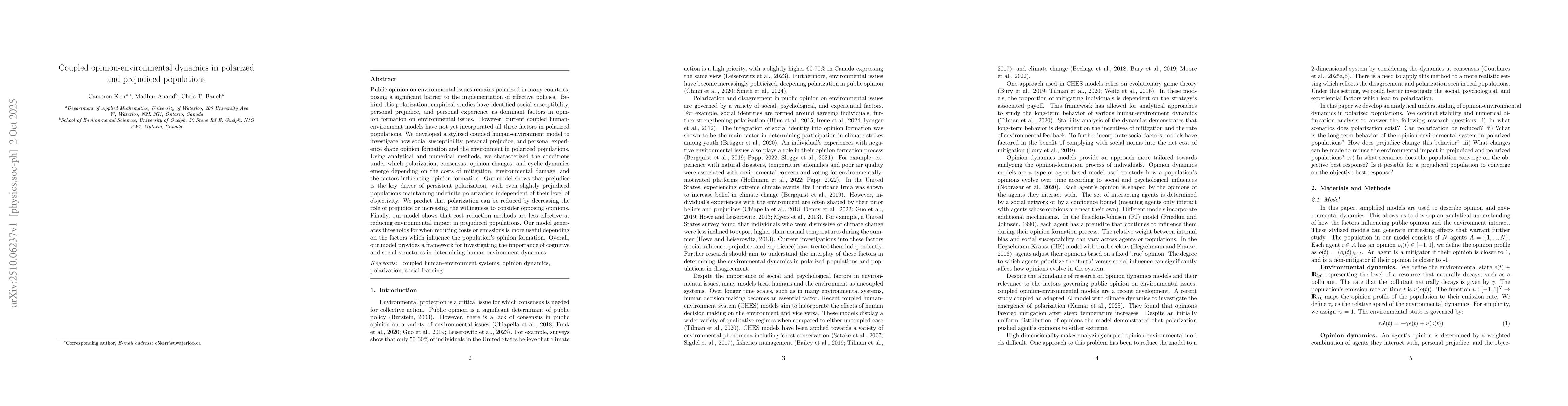 Thumbnail for Coupled opinion-environmental dynamics in polarized and prejudiced
  populations