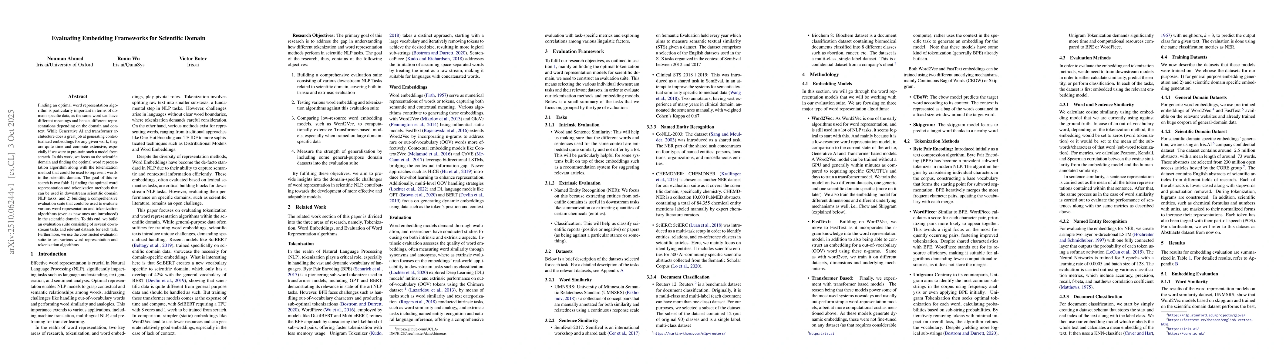 Thumbnail for Evaluating Embedding Frameworks for Scientific Domain
