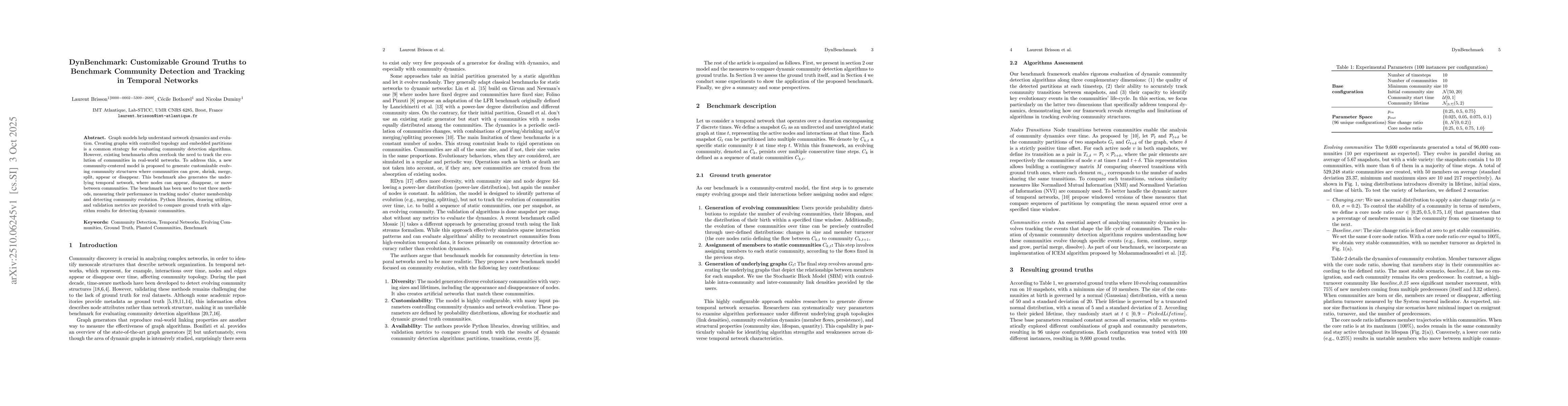 Thumbnail for DynBenchmark: Customizable Ground Truths to Benchmark Community
  Detection and Tracking in Temporal Networks