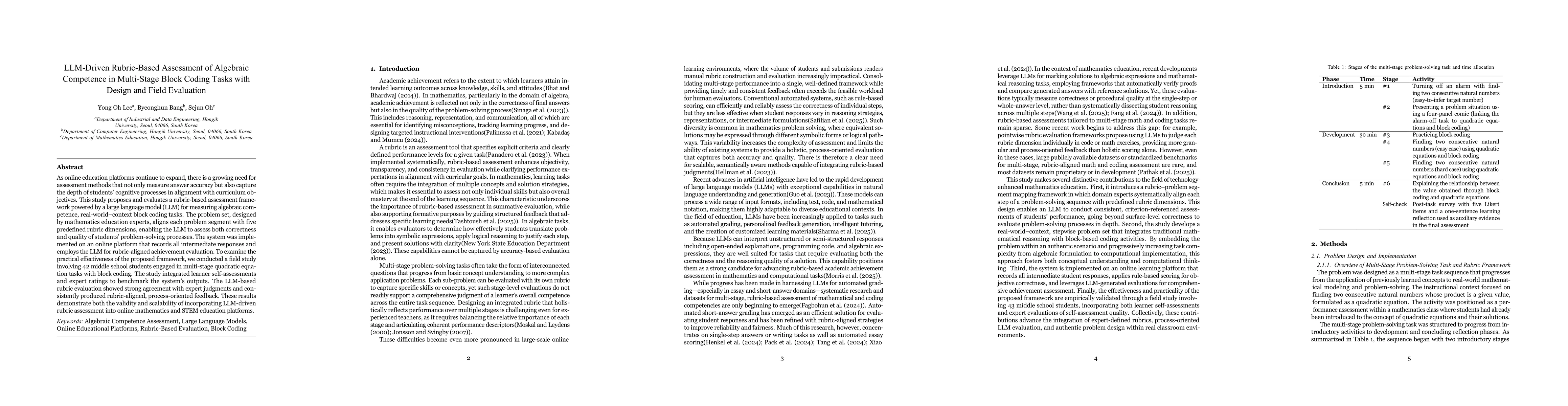 Thumbnail for LLM-Driven Rubric-Based Assessment of Algebraic Competence in
  Multi-Stage Block Coding Tasks with Design and Field Evaluation