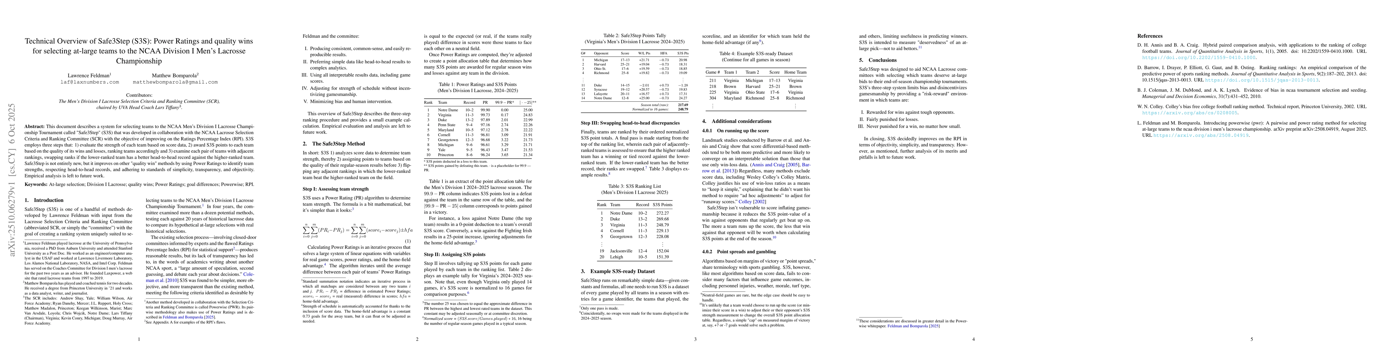 Thumbnail for Technical Overview of Safe3Step (S3S): Power Ratings and quality wins
  for selecting at-large teams to the NCAA Division I Men's Lacrosse
  Championship