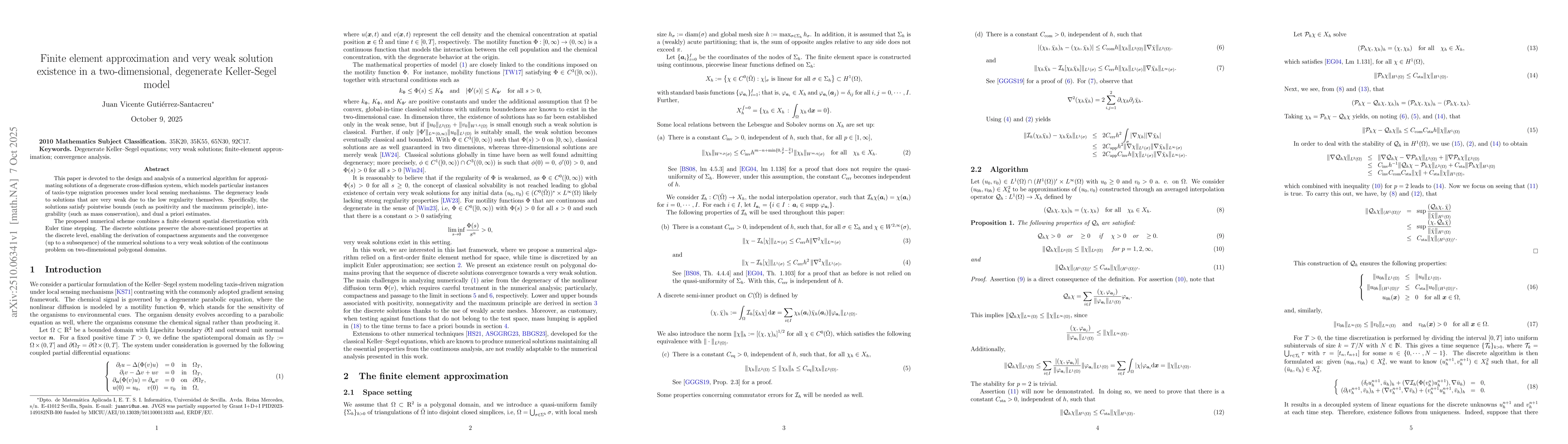 Thumbnail for Finite element approximation and very weak solution existence in a
  two-dimensional, degenerate Keller-Segel model