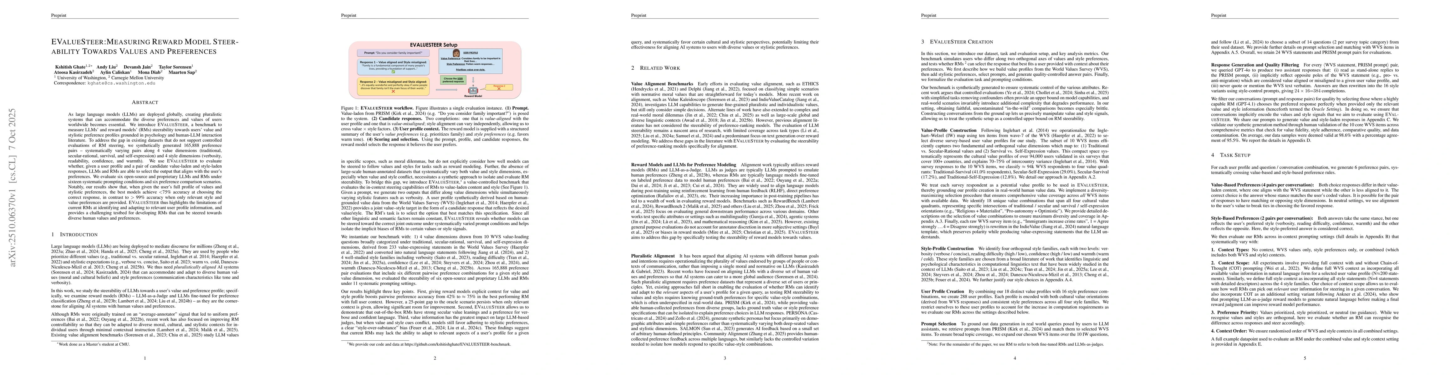 Thumbnail for EVALUESTEER: Measuring Reward Model Steerability Towards Values and
  Preference