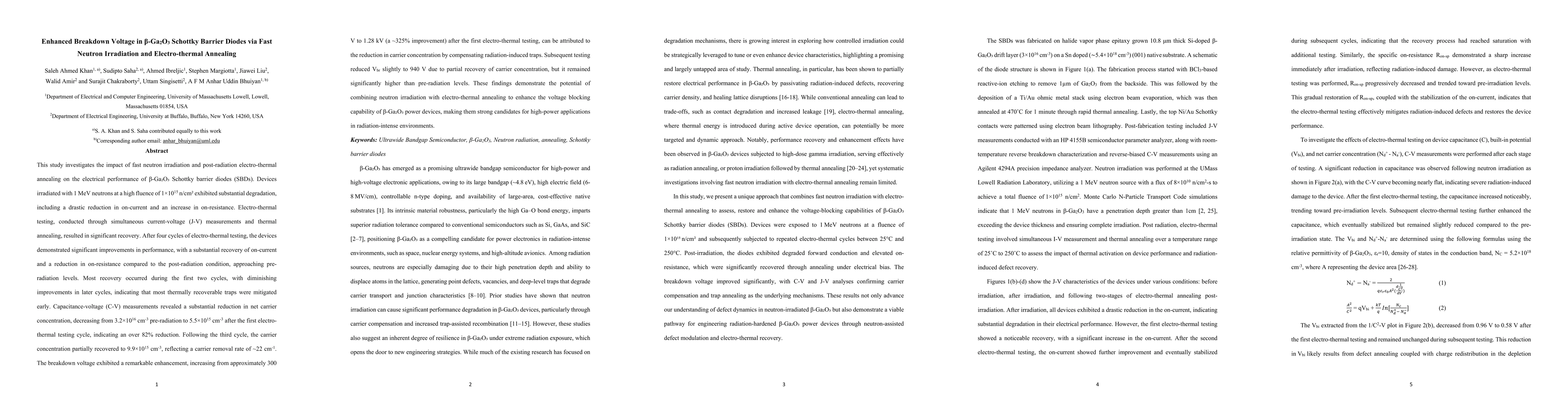 Thumbnail for Enhanced Breakdown Voltage in $β$-Ga$_2$O$_3$ Schottky Barrier
  Diodes via Fast Neutron Irradiation and Electrothermal Annealing