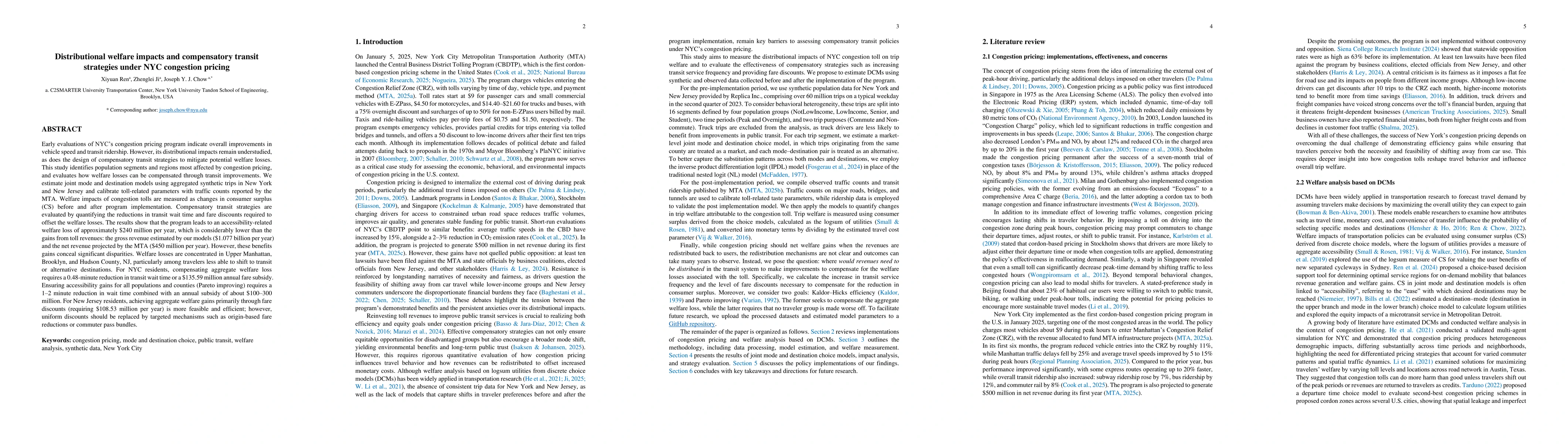 Thumbnail for Distributional welfare impacts and compensatory transit strategies under
  NYC congestion pricing