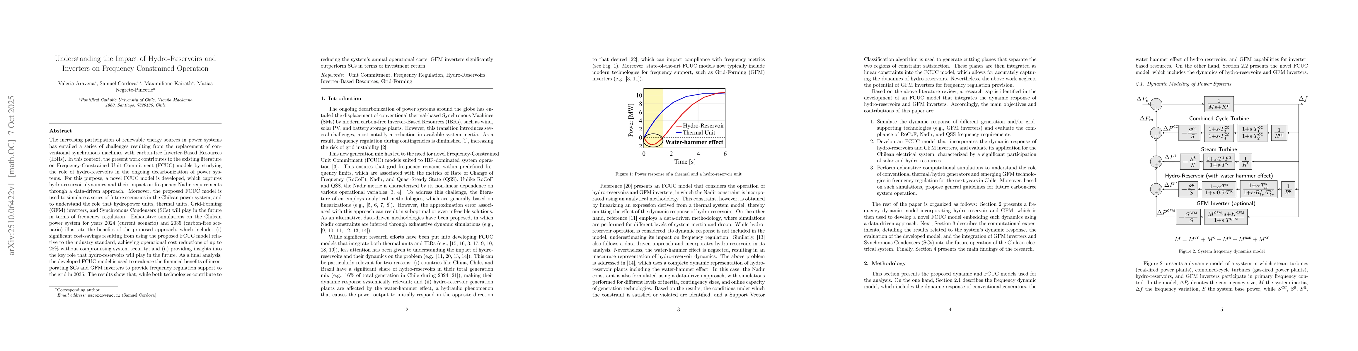 Thumbnail for Understanding the Impact of Hydro-Reservoirs and Inverters on
  Frequency-Constrained Operation