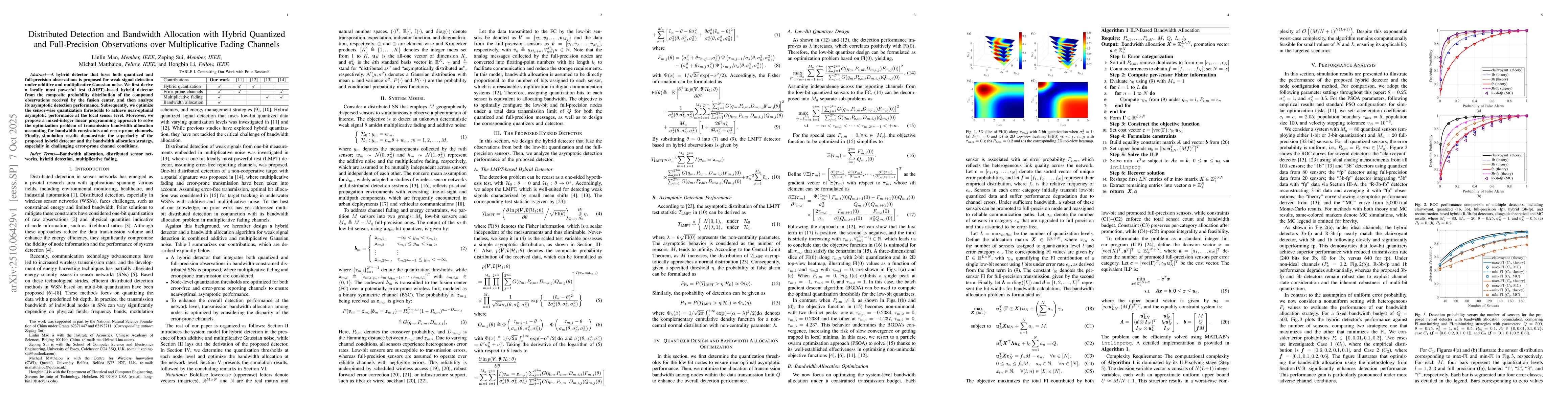 Thumbnail for Distributed Detection and Bandwidth Allocation with Hybrid Quantized and
  Full-Precision Observations over Multiplicative Fading Channels