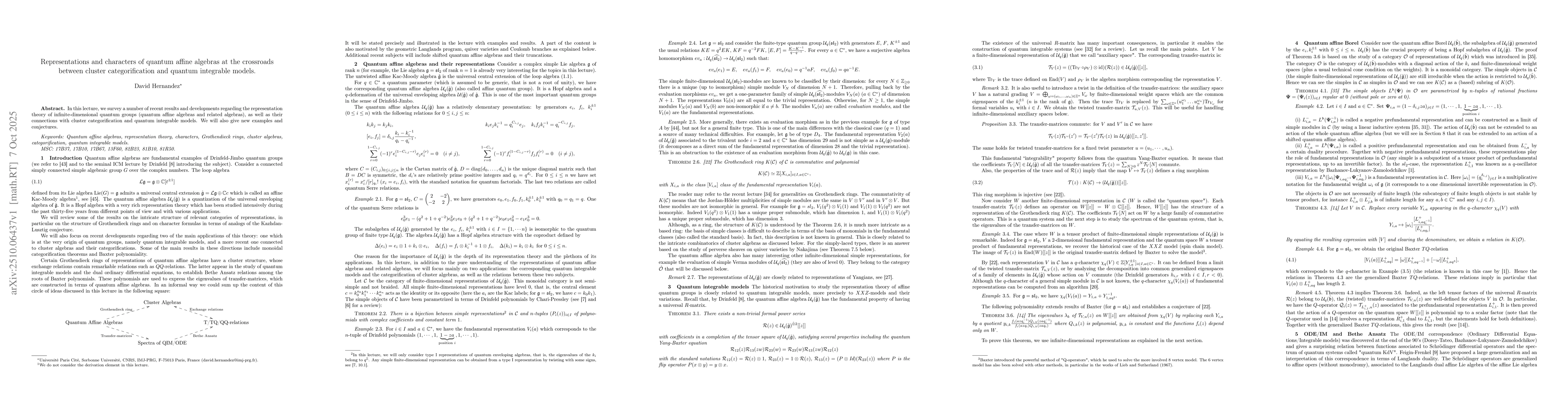 Thumbnail for Representations and characters of quantum affine algebras at the
  crossroads between cluster categorification and quantum integrable models