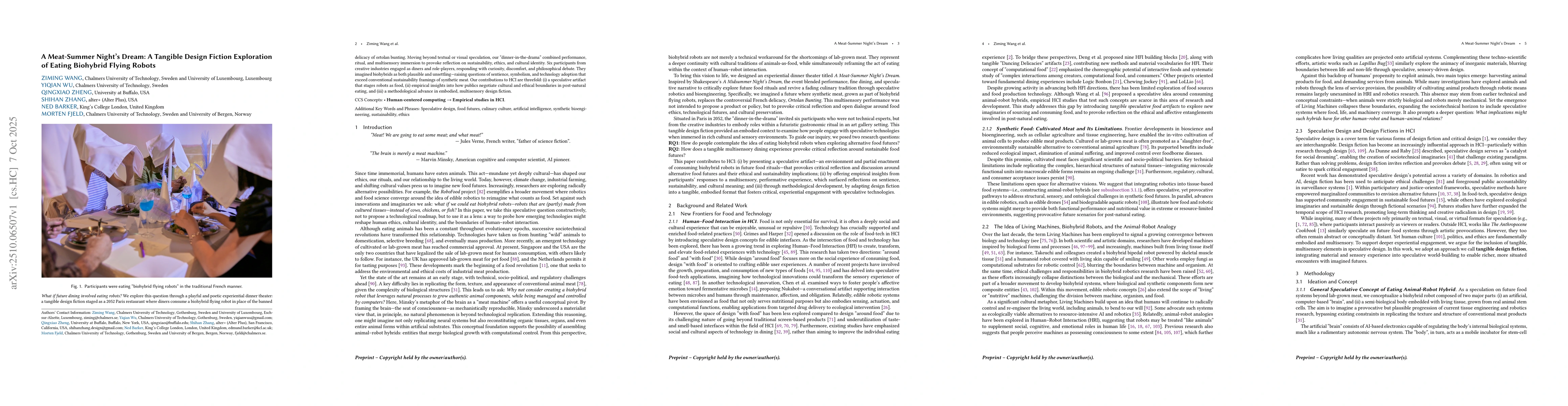 Thumbnail for A Meat-Summer Night's Dream: A Tangible Design Fiction Exploration of
  Eating Biohybrid Flying Robots