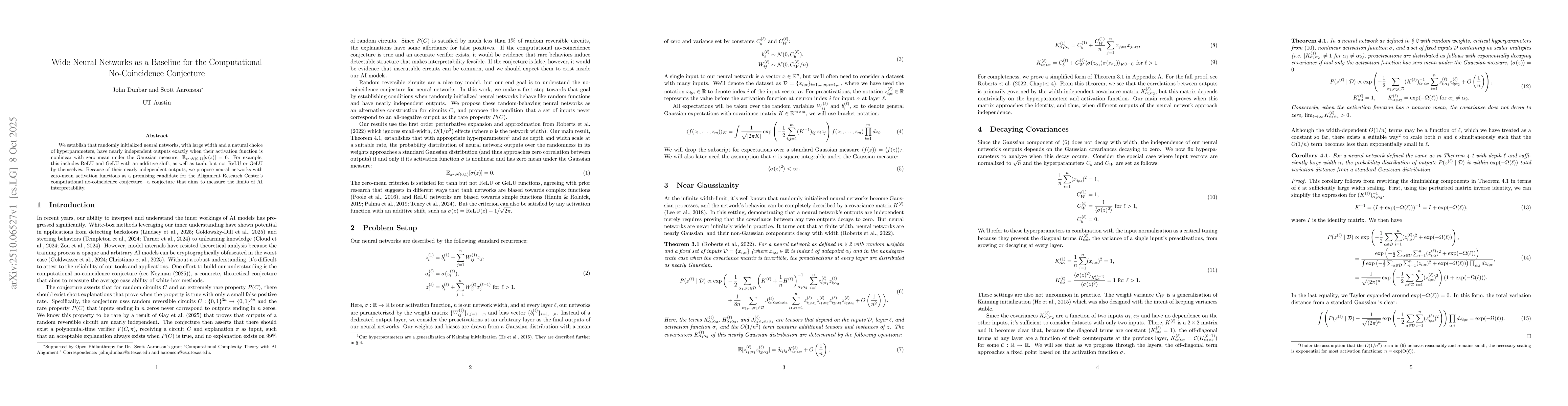 Thumbnail for Wide Neural Networks as a Baseline for the Computational No-Coincidence
  Conjecture