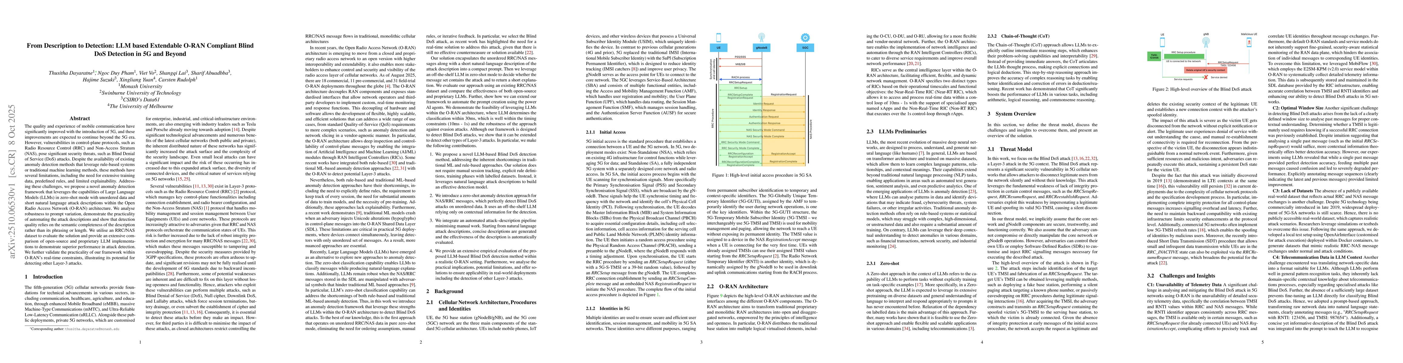 Thumbnail for From Description to Detection: LLM based Extendable O-RAN Compliant
  Blind DoS Detection in 5G and Beyond