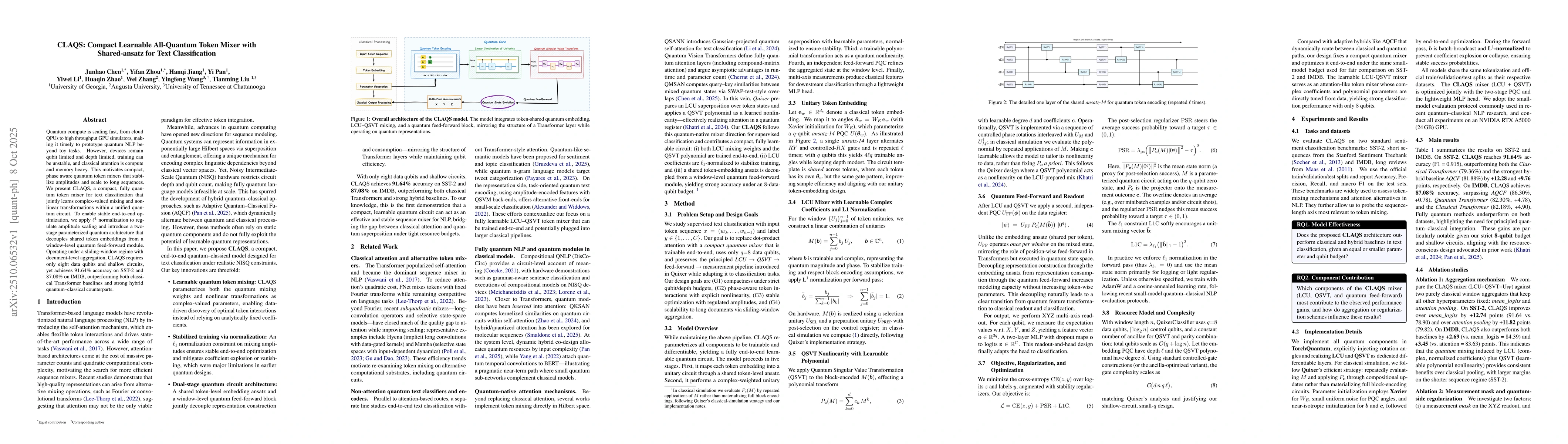 Thumbnail for CLAQS: Compact Learnable All-Quantum Token Mixer with Shared-ansatz for
  Text Classification