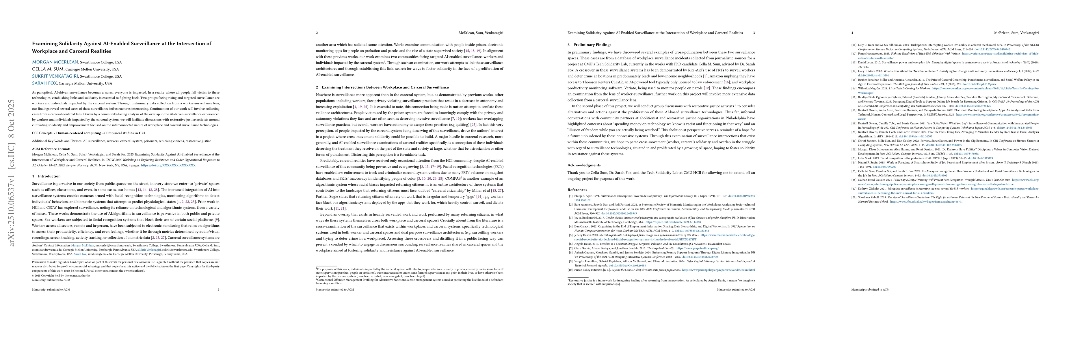 Thumbnail for Examining Solidarity Against AI-Enabled Surveillance at the Intersection
  of Workplace and Carceral Realities