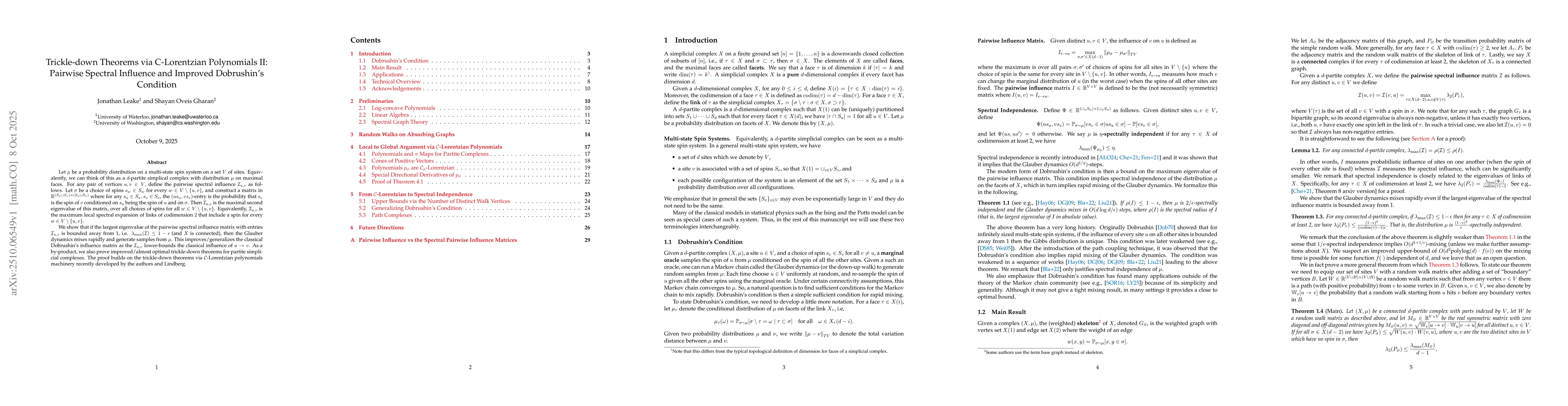 Thumbnail for Trickle-down Theorems via C-Lorentzian Polynomials II: Pairwise Spectral
  Influence and Improved Dobrushin's Condition