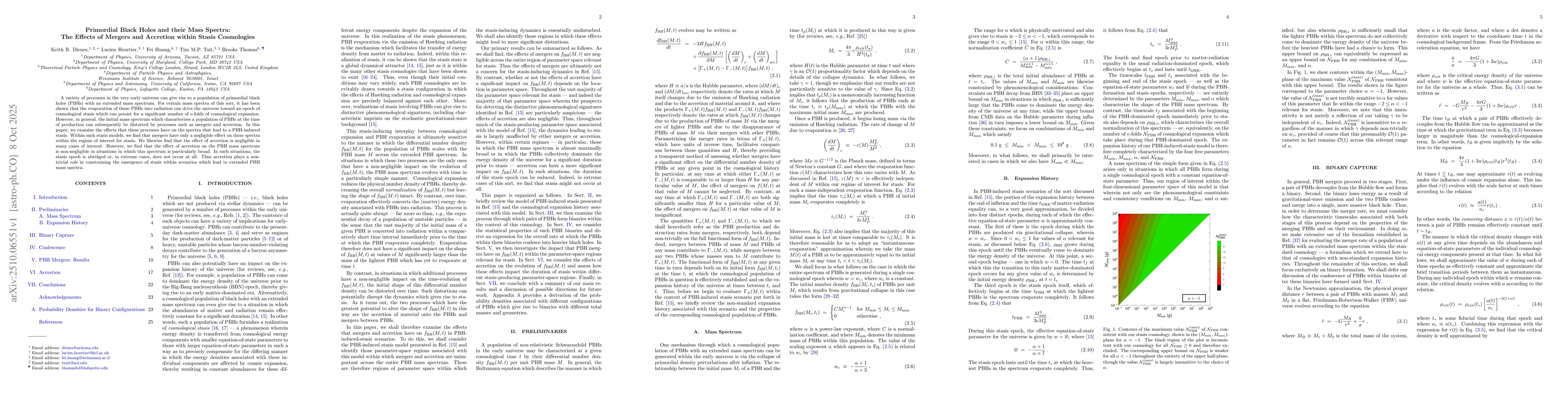 Thumbnail for Primordial Black Holes and their Mass Spectra: The Effects of Mergers
  and Accretion within Stasis Cosmologies