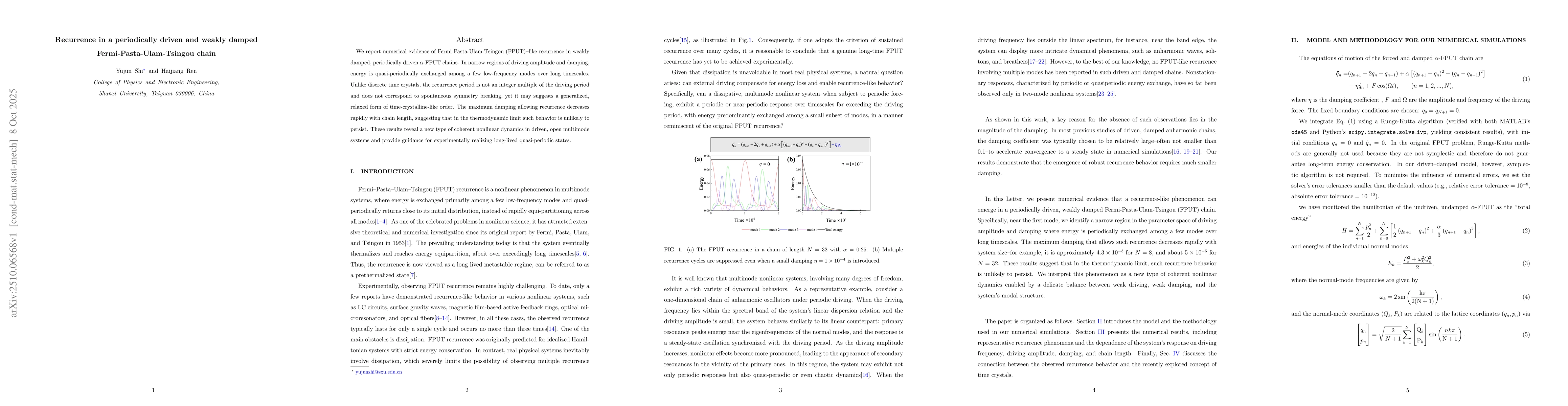 Thumbnail for Recurrence in a periodically driven and weakly damped
  Fermi-Pasta-Ulam-Tsingou chain