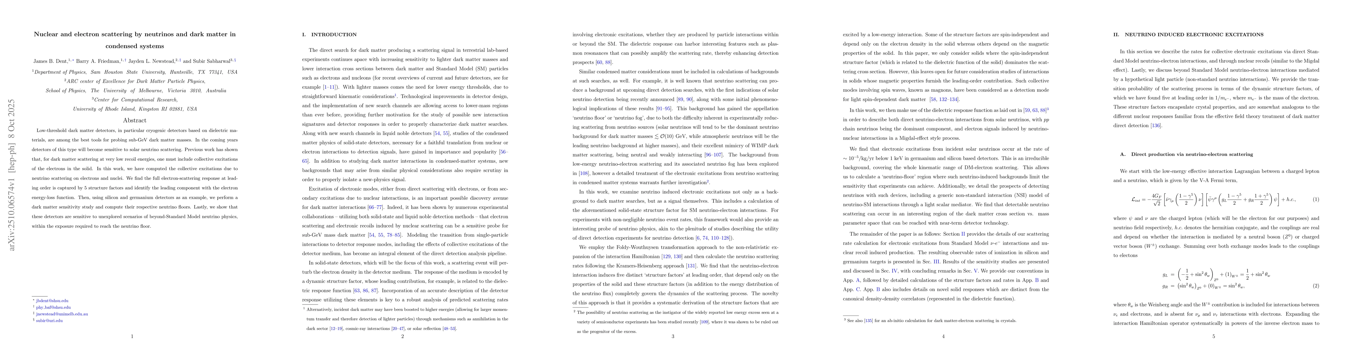 Thumbnail for Nuclear and electron scattering by neutrinos and dark matter in
  condensed systems