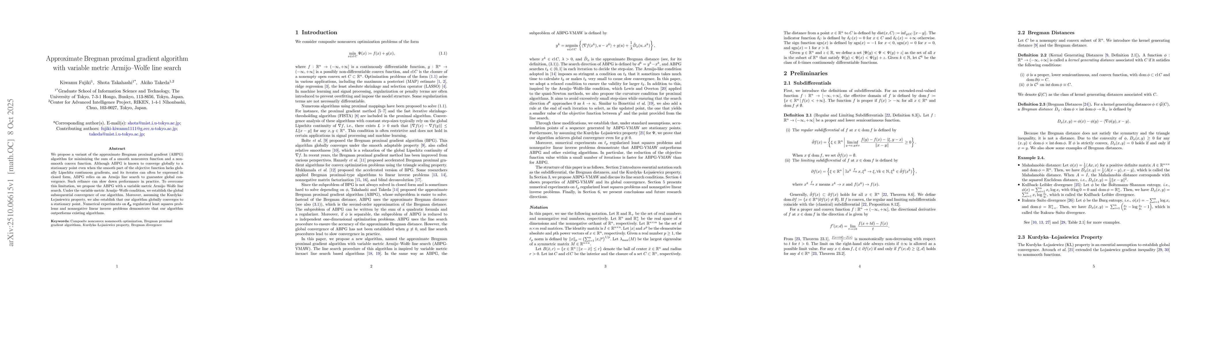 Thumbnail for Approximate Bregman proximal gradient algorithm with variable metric
  Armijo--Wolfe line search
