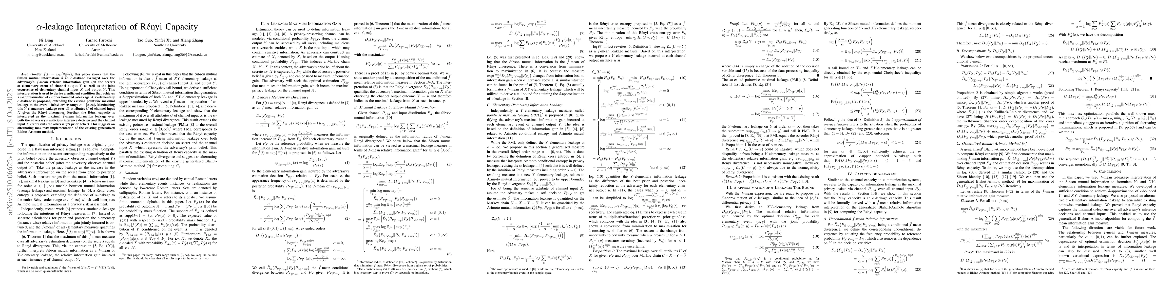 Thumbnail for $α$-leakage Interpretation of Rényi Capacity