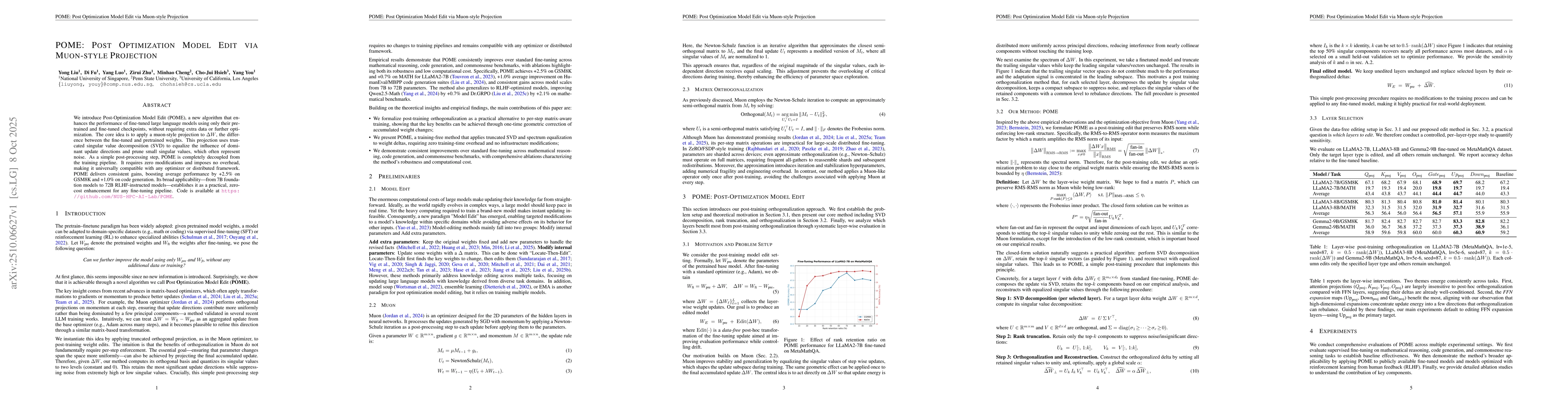 Thumbnail for POME: Post Optimization Model Edit via Muon-style Projection