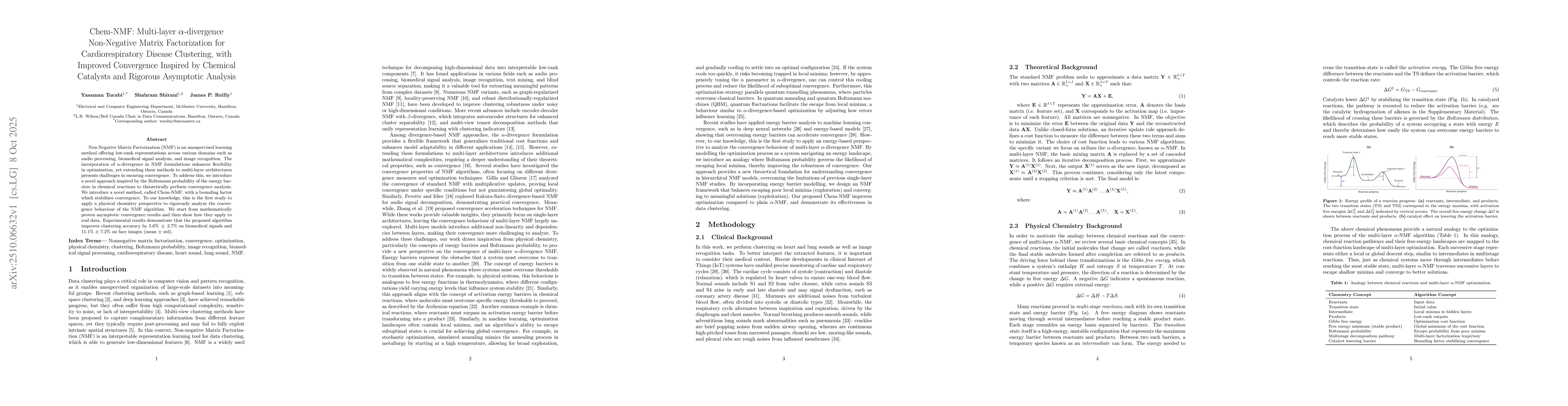 Thumbnail for Chem-NMF: Multi-layer $α$-divergence Non-Negative Matrix
  Factorization for Cardiorespiratory Disease Clustering, with Improved
  Convergence Inspired by Chemical Catalysts and Rigorous Asymptotic Analysis