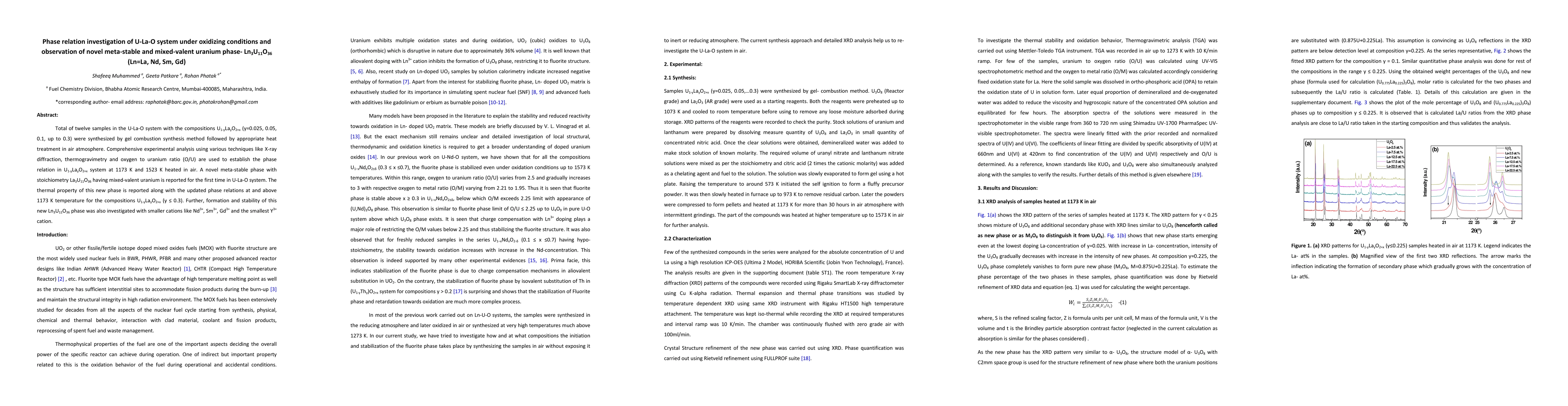 Thumbnail for Phase relation investigation of U-La-O system under oxidizing conditions
  and observation of novel meta-stable and mixed-valent uranium phase-
  Ln3U11O36 (Ln=La, Nd, Sm, Gd)