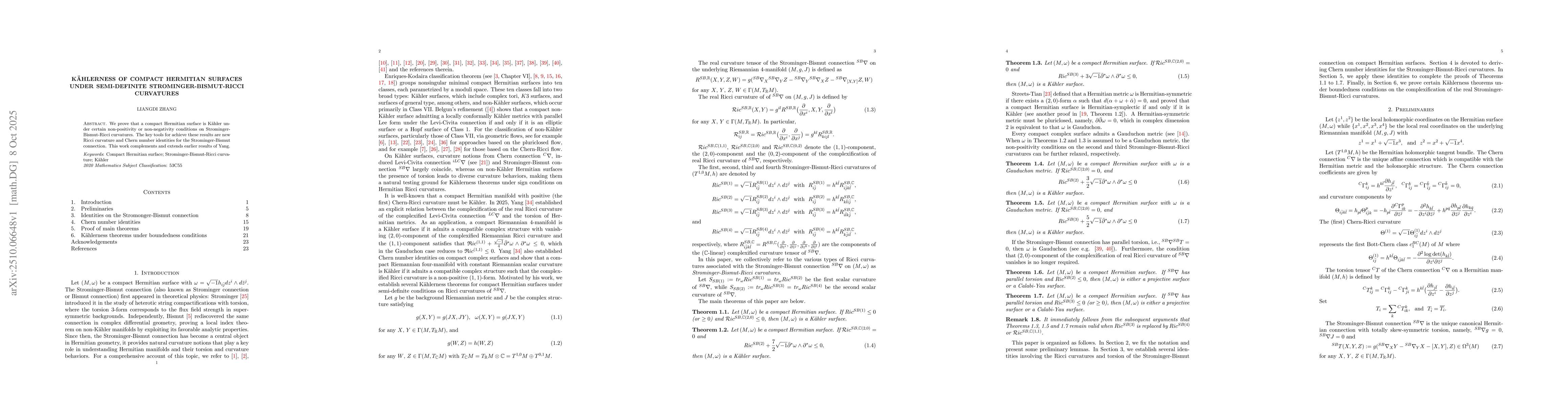 Thumbnail for Kählerness of compact Hermitian surfaces under semi-definite
  Strominger-Bismut-Ricci curvatures