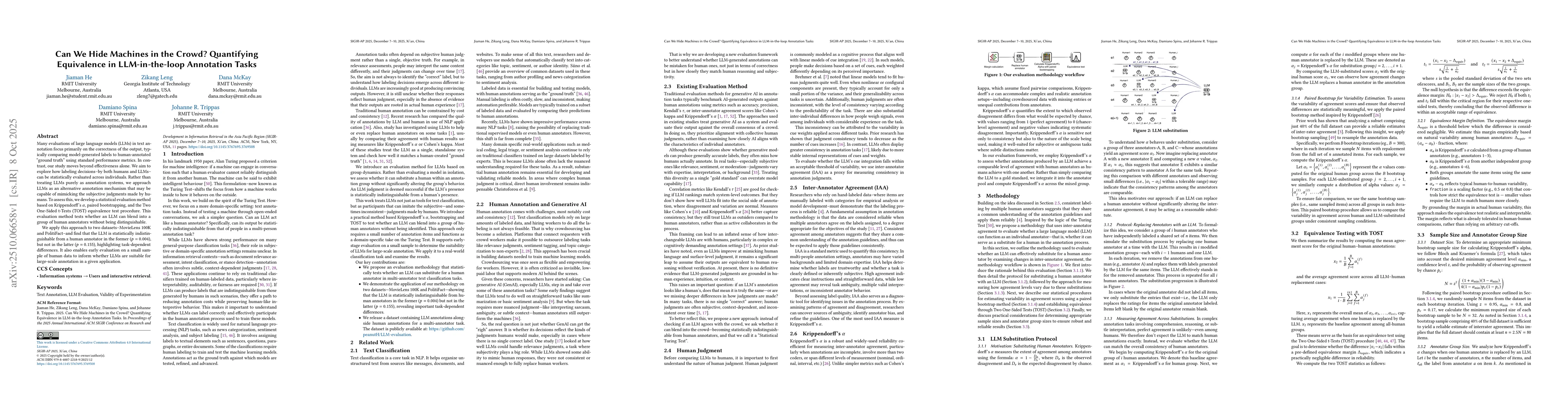 Thumbnail for Can We Hide Machines in the Crowd? Quantifying Equivalence in
  LLM-in-the-loop Annotation Tasks