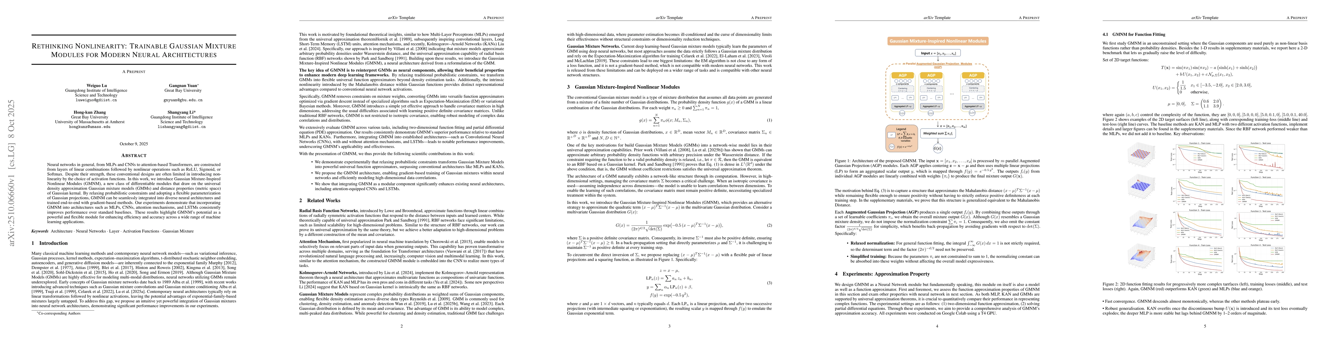 Thumbnail for Rethinking Nonlinearity: Trainable Gaussian Mixture Modules for Modern
  Neural Architectures